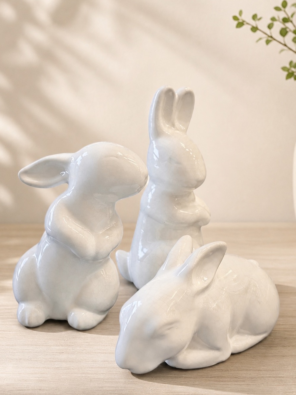 Like New White Ceramic 3 Bunny Figurine Set Crackle Cottage Farmhouse Decor